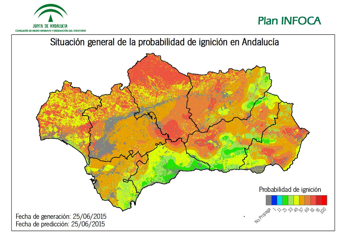 Plan_INFOCA's tweet photo. Buenos días. Nuestro mapa de probabilidad de ignición para hoy jueves en #Andalucía. http://t.co/HceZB9ExDj