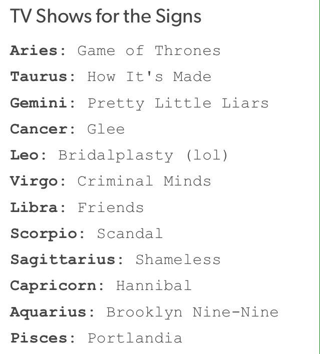 hellastroIogy's tweet photo. The Signs as TV shows http://t.co/hbG5yjXtOI