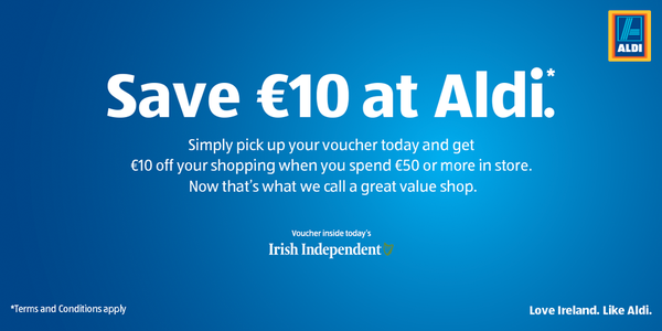 Aldi_Ireland's tweet photo. €10 off €50 Aldi vouchers for everyone! Starting in today's Irish Independent. http://t.co/hWmYJkUJBB