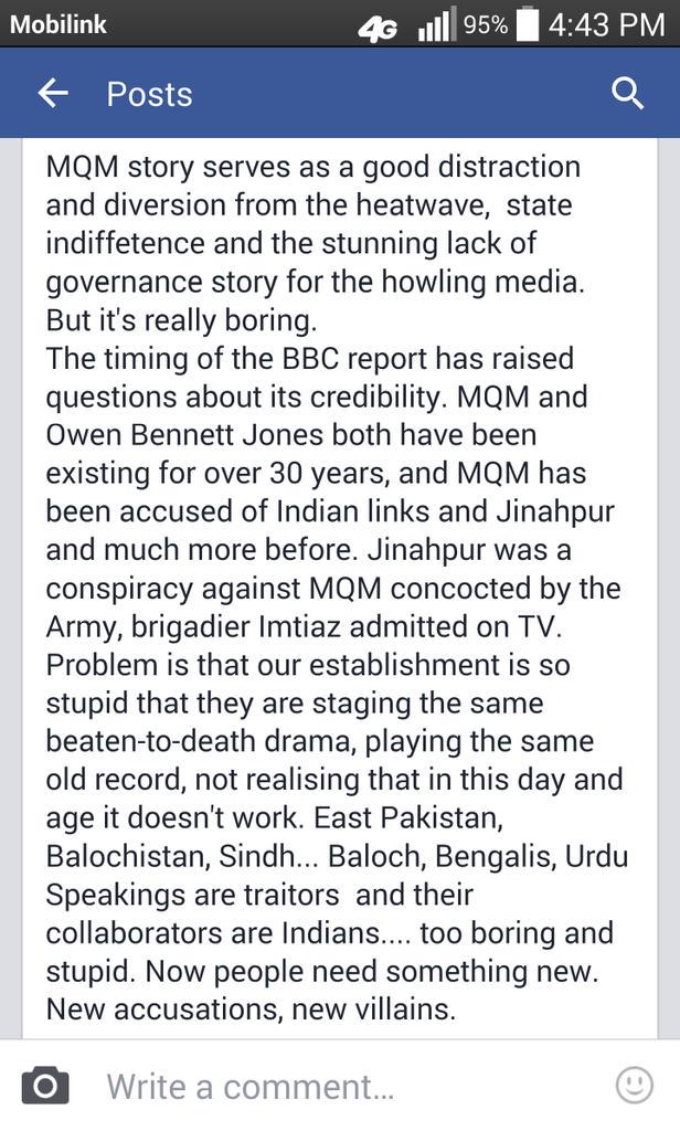 LoveMQM's tweet photo. Pakistan Must Read Public Opinion And Yes This Facebook Post Is From A Person Who Generally Remains A Critique Of MQM http://t.co/VNtOueafFd