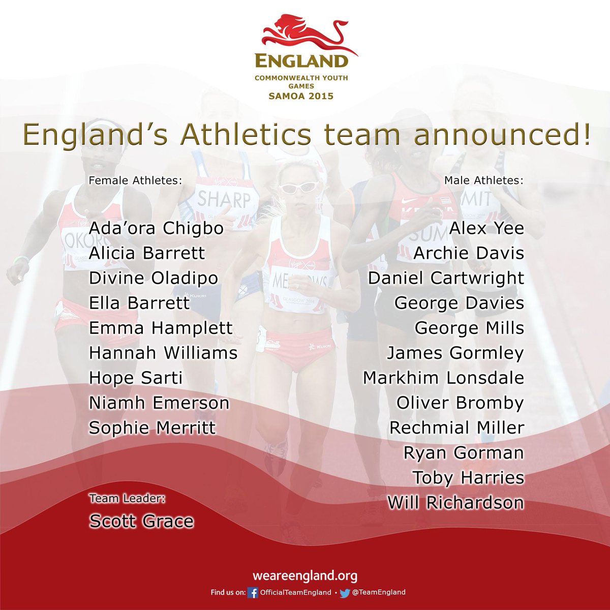 TeamEngland's tweet photo. Congrats to our @EnglandAthletic athletes representing ENG at the @2015CYGSamoa Youth Games. 
http://t.co/3x6sRa7rA1 http://t.co/H2MeDLyehF