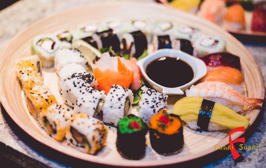 Funki_Sushi's tweet photo. Our colourful sushi platter! Salmon, crab, tuna the lot! One of our menu tasters from our launch http://t.co/rXcZyQjYOl