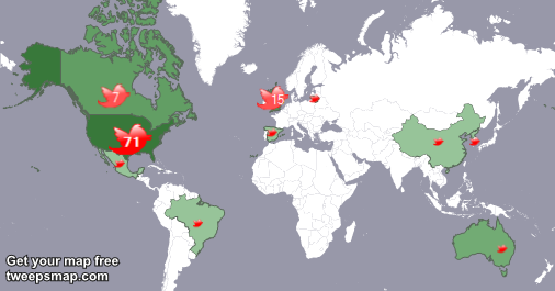 My followers are in USA(70%), UK.(15%)... Get your map too: tweepsmap.com/!Klubarpls