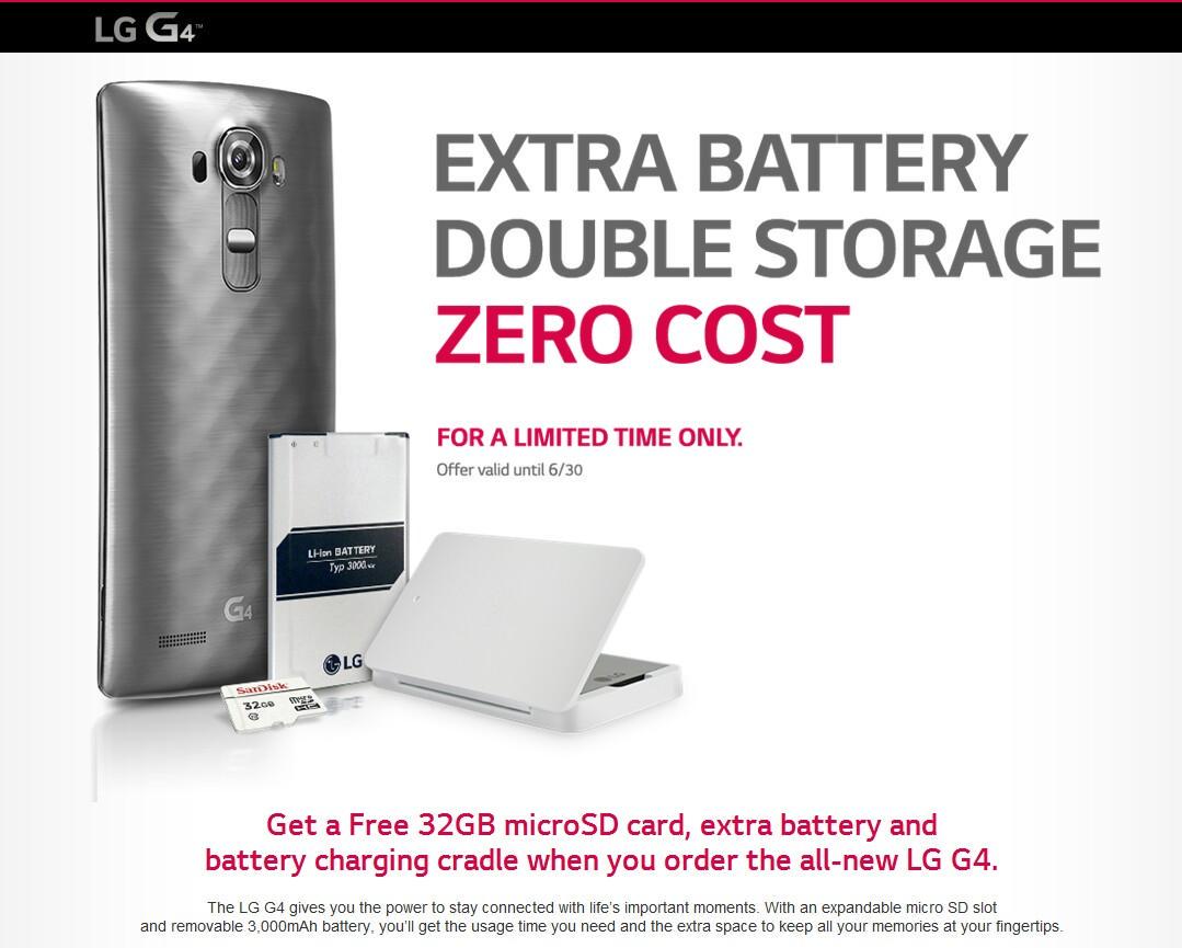 UnlimitYourLG's tweet photo. The #LGG4 comes with a FREE bundle of an extra battery, SD card and battery charging cradle! #TeamLG http://t.co/QnsNFs2t8p