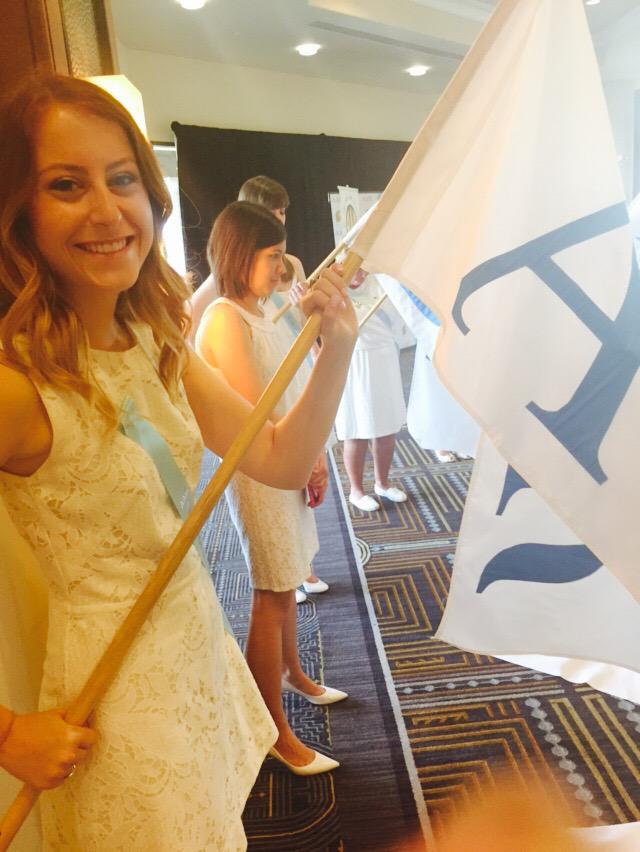 <a href="/USCAlphaDeltaPi/">Alpha Delta Pi</a> president Victoria representing Alpha Psi chapter in the flag processional! #AzureOverAZ