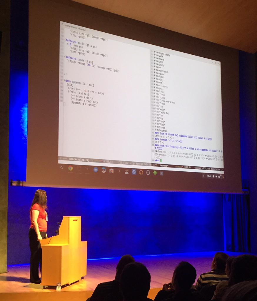 AdamTornhill's tweet image. Impressive live coding skills on display as @bodil implements μKanren at #euroclojure