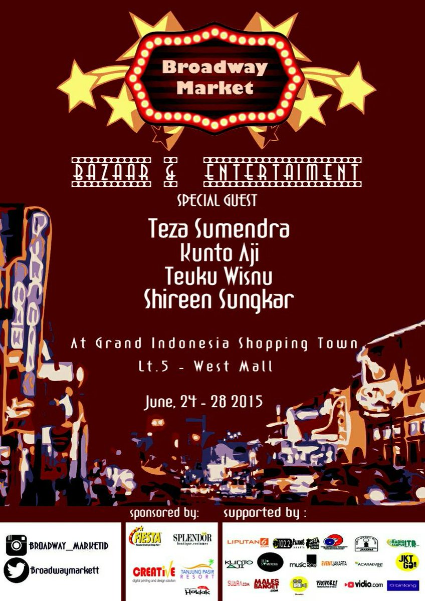 bintangcomID's tweet photo. Black Production present @broadwaymarkett 24-28 June 2015. Special performance by Teza Sumendra &amp; Kunto Aji http://t.co/vChbdikm6b