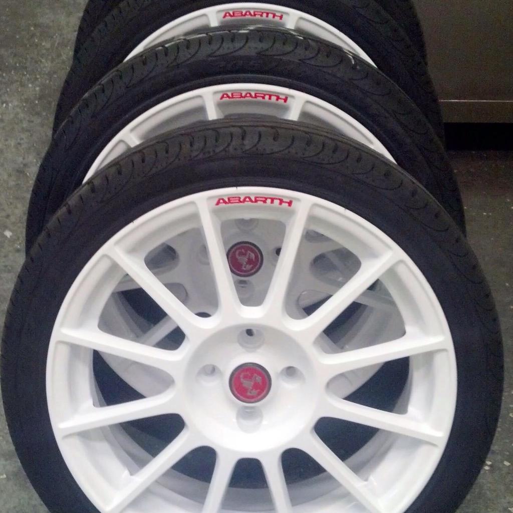 rimguard_inc's tweet photo. Custom White Powder Coat with Red Lettering on these Fiat Abarth Rims. #fiat#abarth#powdercoat#fiatabarth http://t.co/F10U58wejB