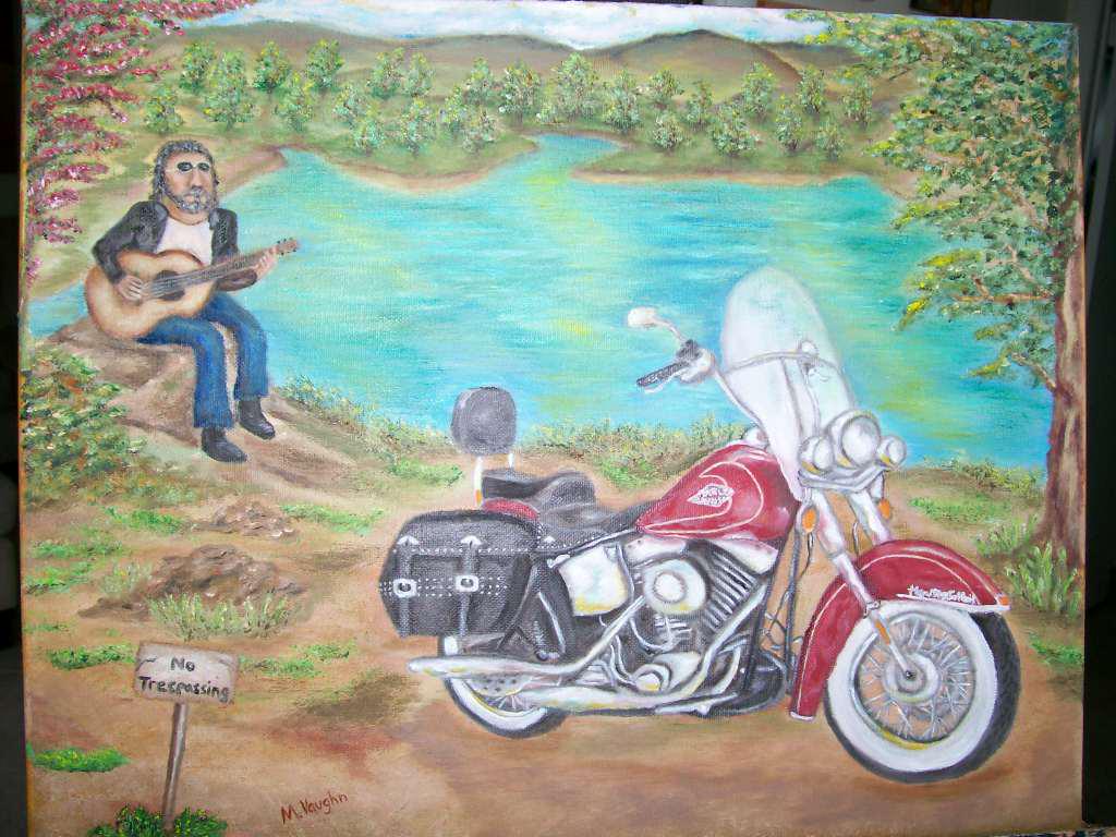 mitchvaughn's tweet photo. The title of this new painting "Heritage" is metaphorical, as this Harley model represents my heritage as a musician. http://t.co/yRyx14ByND