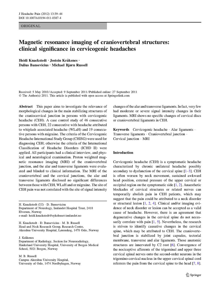 No difference between MRI findings in those with cervicogenic headache, migraine, or  whiplash associated headache...