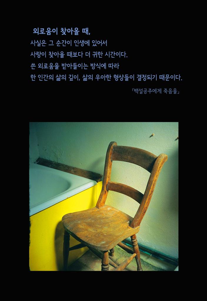 외로움은 자신을 더 발전시키고
성숙시키기 위해서 방문한 
고마운 친구라 생각하면 된다

우리를 자극하는 그 외로움을
보내지 말고 그대로 즐겨보렴

고통이건 외로움이건
피할 수 없으면 즐겨라 - 린 마틴