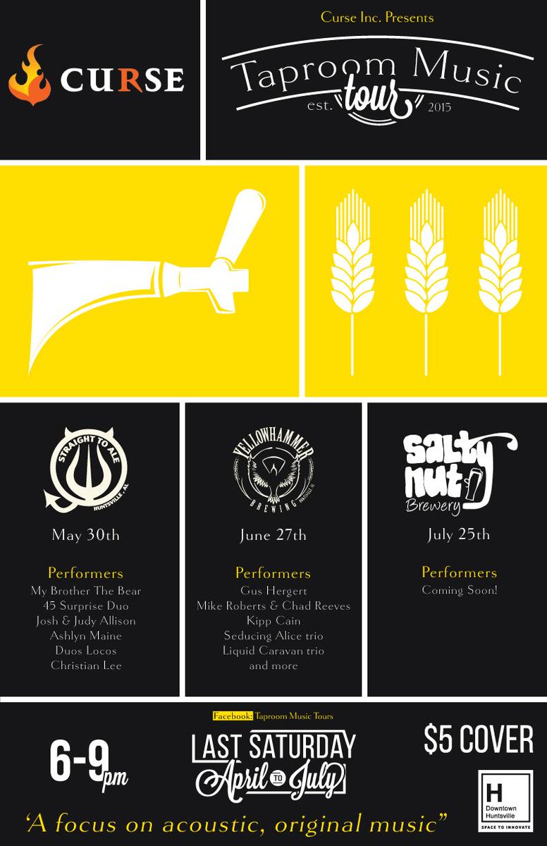 Curse_jobs's tweet photo. Don't miss @DowntownHSV's Taproom Music Tour at @YellowhammerAle sponsored by Curse on 6/27, 6-9 pm! #HuntsvilleAL http://t.co/udcQ4zM6nj