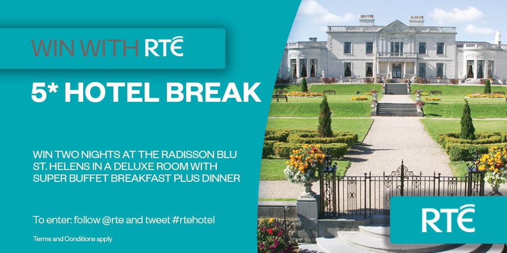 WIN 2 nights B+B <a href="/RadissonStHelen/">Radisson Blu St. Helen's</a> + dinner in Talavera restaurant. To enter follow <a href="/rte/">RTÉ</a> + tweet #rtehotel