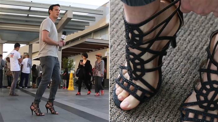 TODAYshow's tweet photo. Man tries wearing high heels for a day, finds it's not so easy after all http://t.co/VIsbLdxjLh http://t.co/F9ejP9oeQx