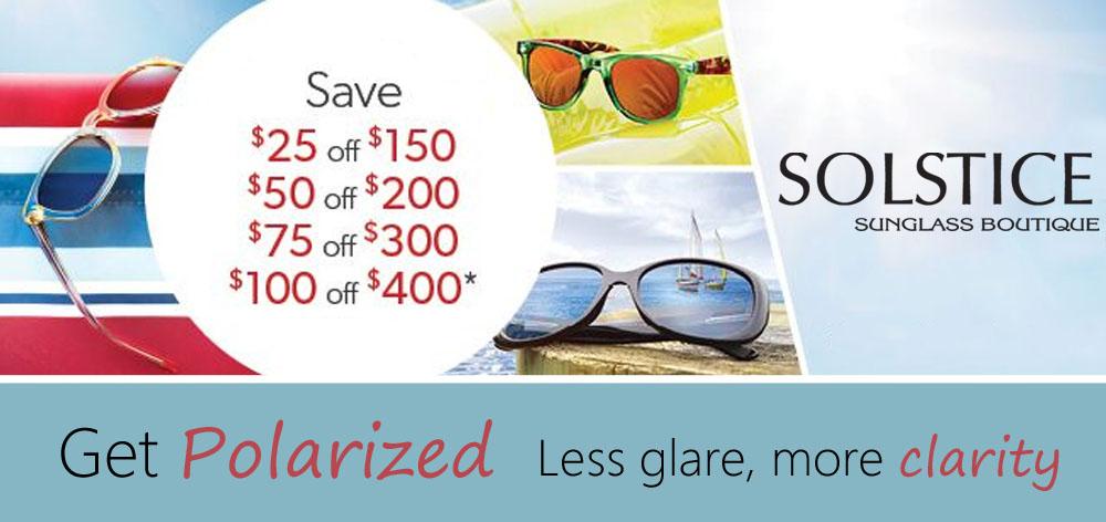 PatriotPlace's tweet image. Save $25 on $150, $50 on $200, $75 on $300 &amp;amp; $100 on $400 at @SolsticeShades! Get polarized! #LessGlare #MoreClarity