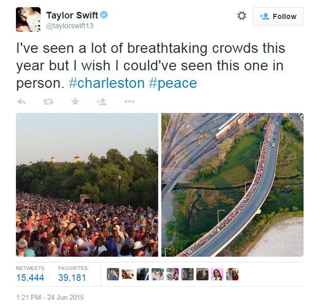 postandcourier's tweet photo. ICYMI: @taylorswift13 gave the #UnityChainCharleston #BridgetoPeace event a shout-out this week. #CharlestonShooting http://t.co/zQwN3lict8