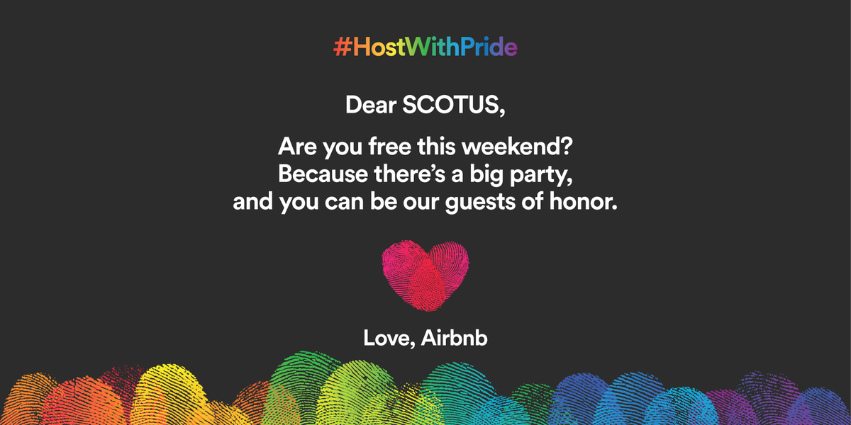 Airbnb's tweet photo. It would be our honor, Your Honor. #HostWithPride http://t.co/w4WBLin7jK
