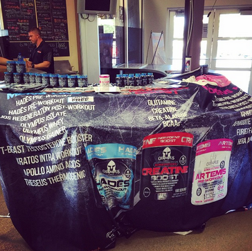 OlympusEdge's tweet photo. All setup! We will be here until 10pm, come get yourself a free sample of our Hadēs Pre-Workout! http://t.co/BbzgRq81zK