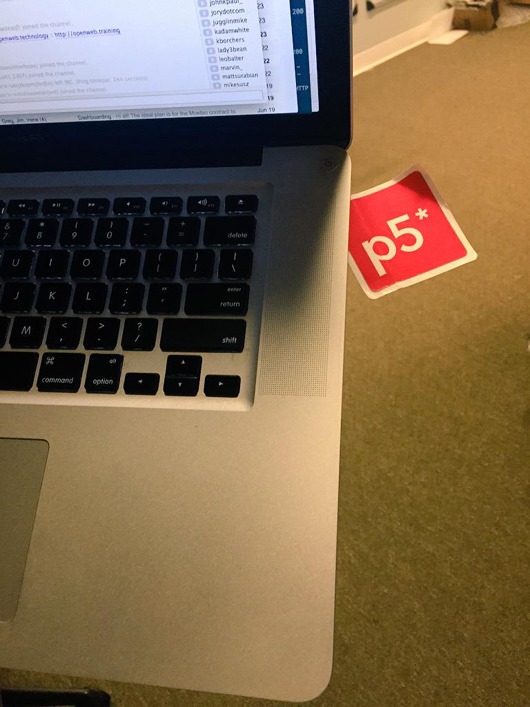gregorspamsa's tweet photo. #p5js sighting @bocoup: @p5js sticker mysteriously found peeking out from @tafsiri's cd drive #magicsticker http://t.co/fanwfrdw5g
