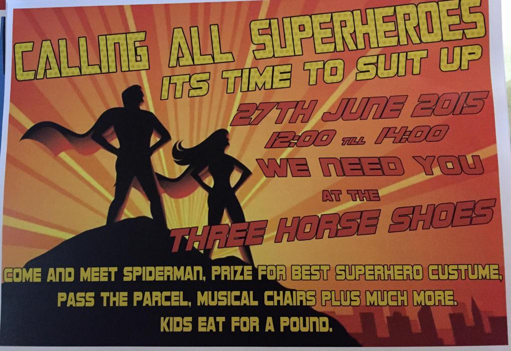 ThreeHorseyShoe's tweet photo. This Saturday 12-2pm kids superhero fancy dress and games kids eat for £1 #ILoveDN #doncasterisgreat http://t.co/QymI6sCQN0