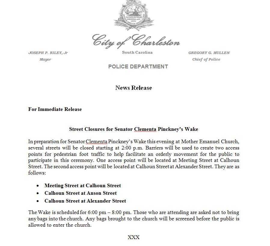CharlestonPD's tweet photo. Street Closures For Senator Pinckney's Wake http://t.co/VDteIjLVtF