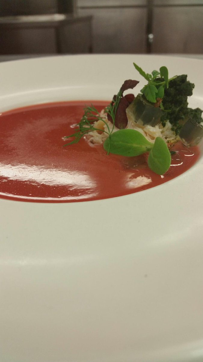 AshdownParkGM's tweet photo. @bernievfinn wins 2nd place, Strawberry Gazpacho,Tomato Water Jelly,Basil Ice,Crab Meat,Congrats B @Phelimbyrnechef http://t.co/WWijZvcF8L