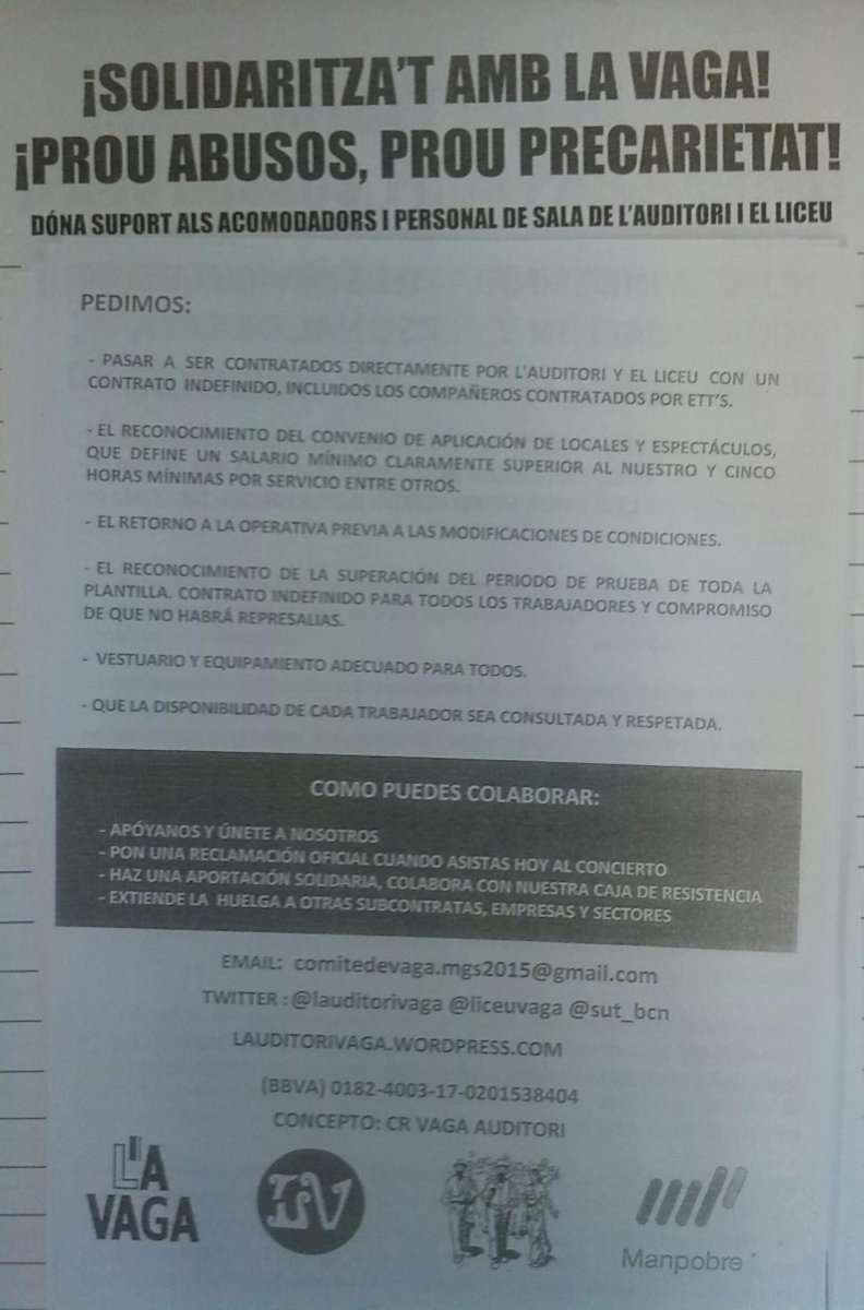 HildegartRev's tweet photo. Solidaritat amb la lluita i la vaga dls #incomodats dl Liceu i l'Auditori @lauditorivaga @liceuvaga prou precarietat! http://t.co/E7wZAZn0cI