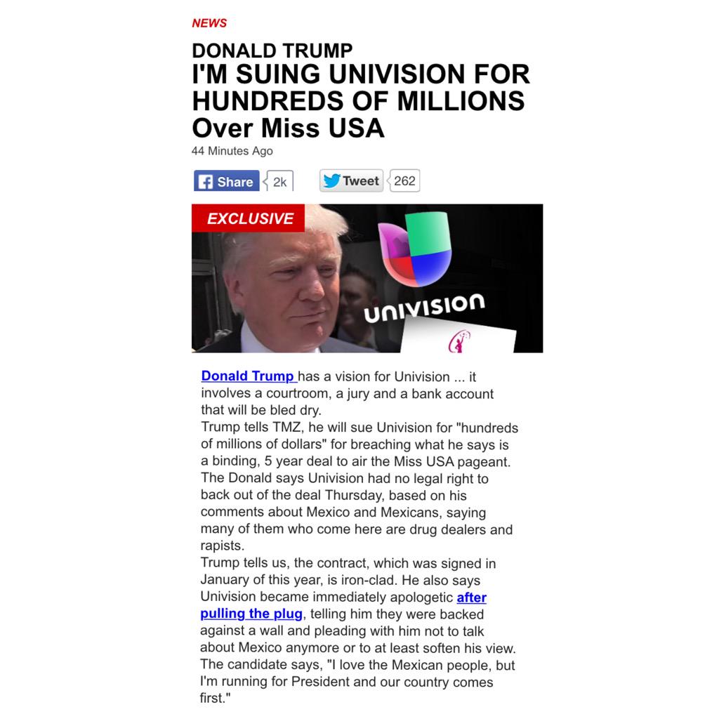VerdaderaTruth's tweet photo. #DonaldTrump #ImSuingUnivisionForHundredsOfMillions #MissUSA @realDonaldTrump @Univision #Univision #TMZ http://t.co/gWlpOKHSv3
