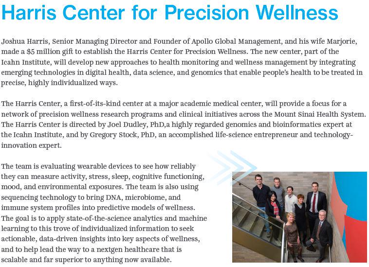 IcahnInstitute's tweet photo. Gift to @IcahnMountSinai Establishes Harris Center for Precision Wellness led by @jdudley http://t.co/tXWtU3oUAh http://t.co/xF0GMKkir2