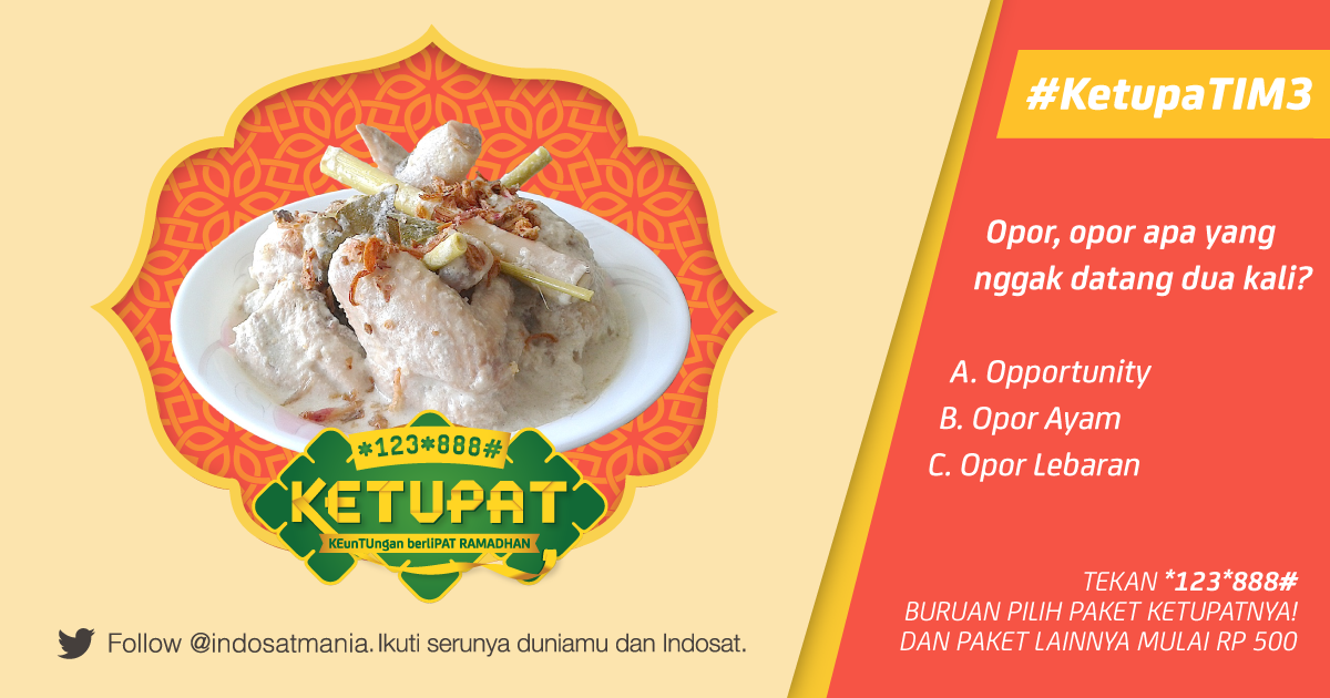 indosatim3's tweet photo. Wah ini ada OPOR minta dijawab Tuips! Enaknya di jawab apa ya? #KetupaTIM3
Selamat menikmati sahur ya, Tuips! http://t.co/P7yJymbF3l
