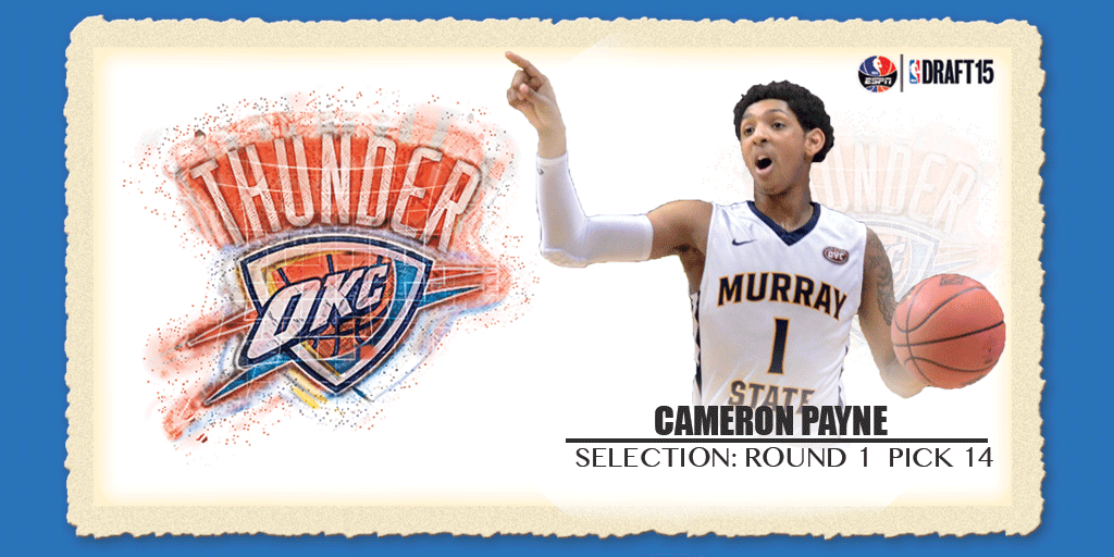 ESPNNBA's tweet photo. With the 14th pick in the 2015 #NBADraft, the Oklahoma City Thunder select Cameron Payne. http://t.co/WVEmb9Lw6f