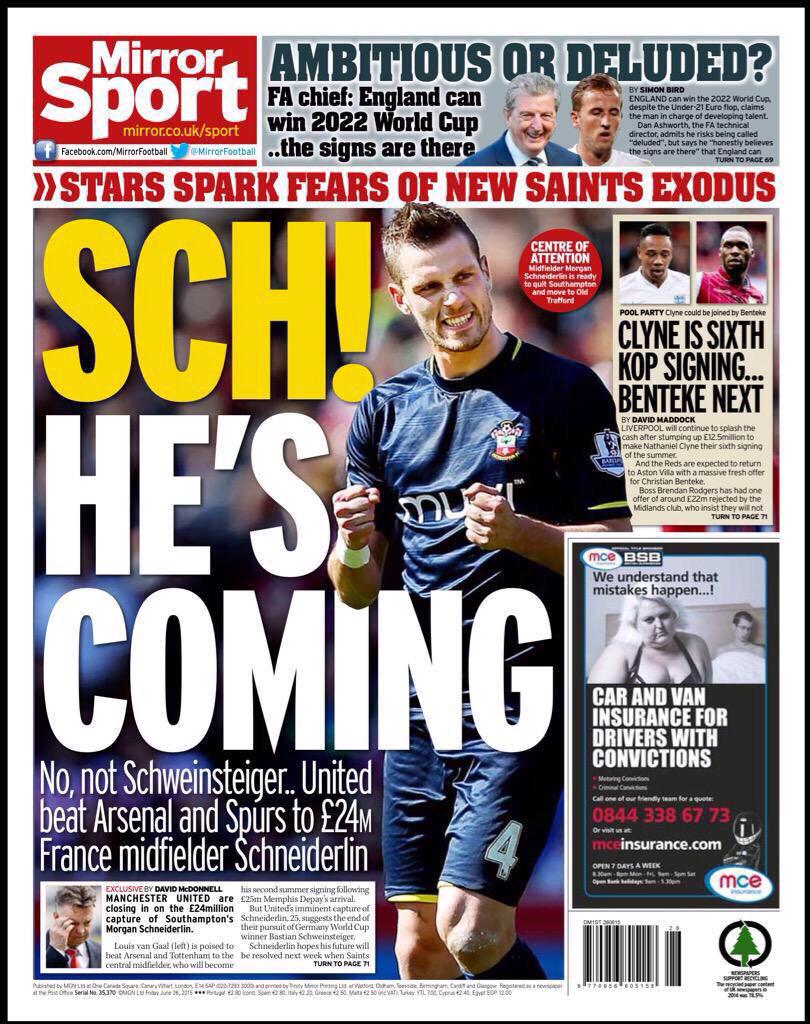 Manchester United have beaten both Arsenal and Spurs to signing of Southampton's Morgan Schneiderlin. (Mirror)