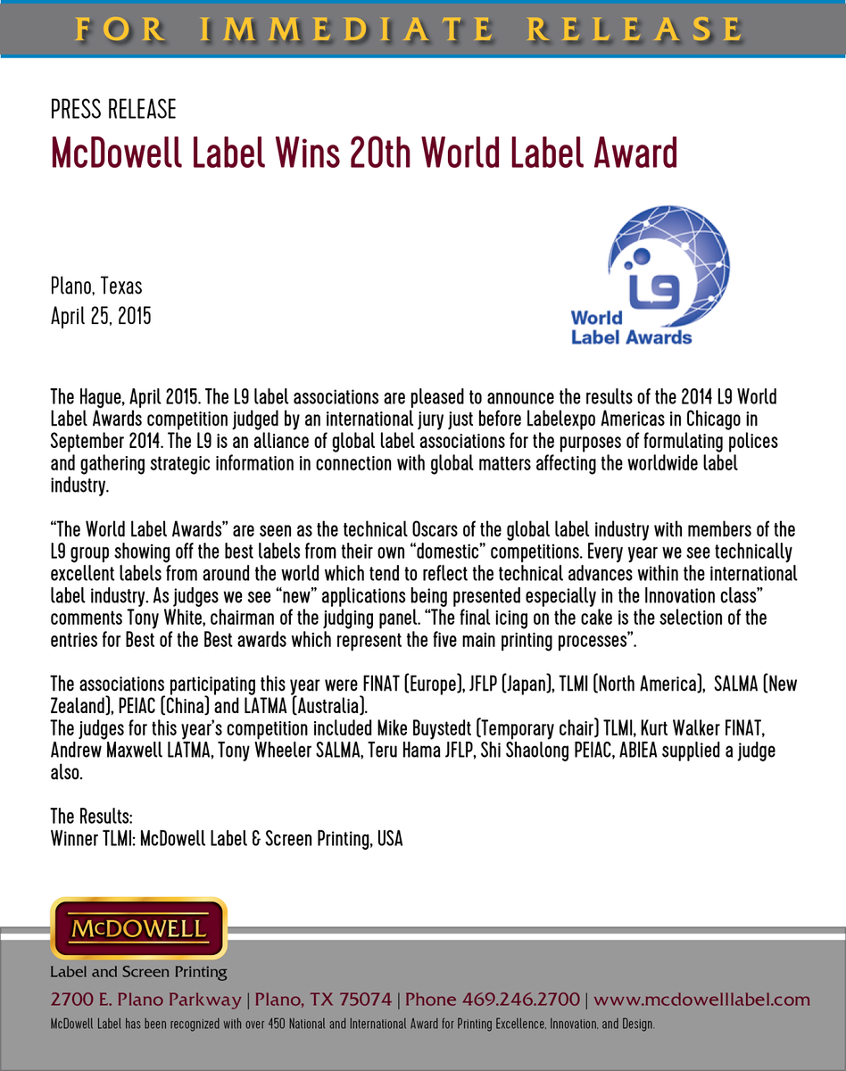 McDowellLabel's tweet photo. @McDowellLabel Wins 20th World Label Award http://t.co/vmMI7YGxfy