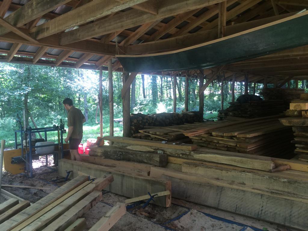 VT_CDR's tweet photo. A day at Trev's Woods sawing White Oak for the @MASSDesignLab pavilion with our friends at Rudabega of Blacksburg. http://t.co/LZeqIz51rt