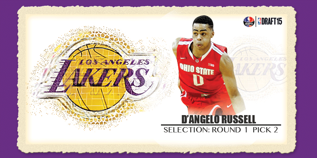 ESPNNBA's tweet photo. With the 2nd pick in the 2015 #NBADraft, the Los Angeles Lakers select D'Angelo Russell. http://t.co/51GG0gijXn