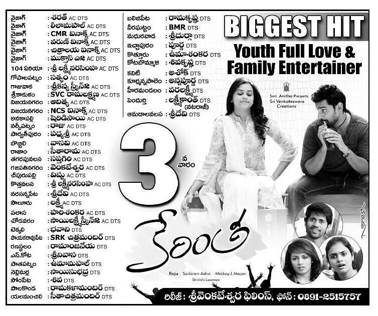 TeluguFilmBuzz's tweet image. #Kerintha holds very well in its 2nd week and Here's the 3rd week Nizam, UttharAndhra &amp;amp; Krishna area theaters lists :
