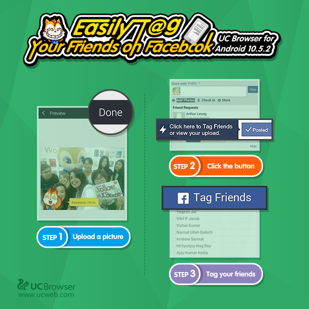 UCBrowser's tweet photo. It's easy to tag your friends on Facebook photos with #UCBrowserforAndroid 10.5.2. Try here: http://t.co/sBwMpTpgDd http://t.co/SltKHz3lS0