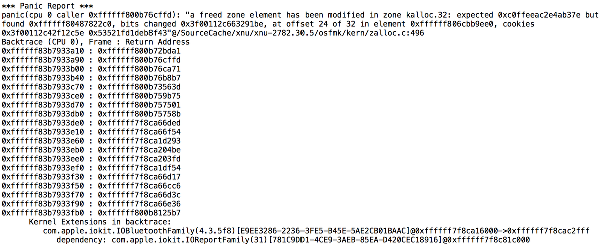 webdevotion's tweet image. iMac &amp;gt; black screen than a message flashed by. Rebooted.  “a freed zone element has been modified in zone kalloc.32”.