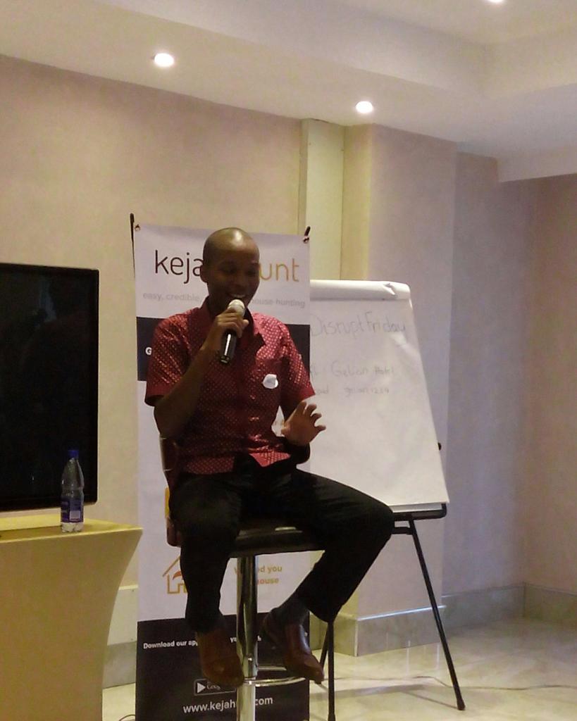 Shiko_Msa's tweet photo. At @Gelian_Hotel Machakos. @joshmut of @kejahunt speaking about the Keja Hunt journey. #DisruptFriday http://t.co/B6UTIXD0Ty
