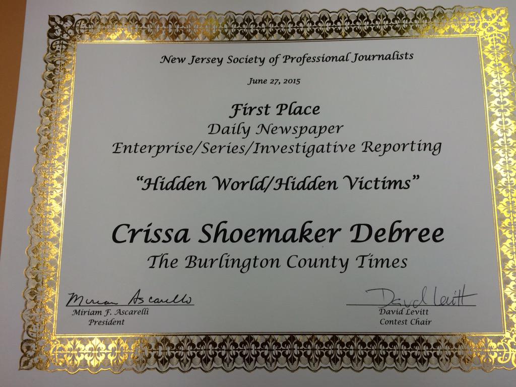 CrissaShoemaker's tweet image. Proud to share this honor with colleague @marioncallahan and former colleague @MediaJeannie. #njspj #hiddenvictims