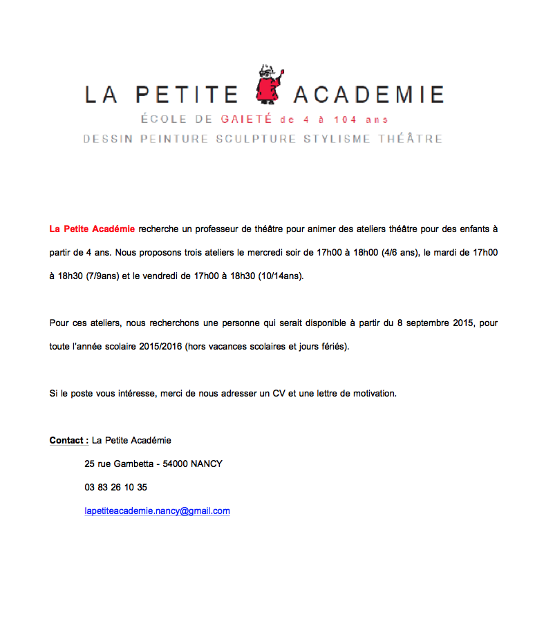 La Petite Académie recherche un professeur de théâtre  "H/F" à partir de Septembre 2015 !