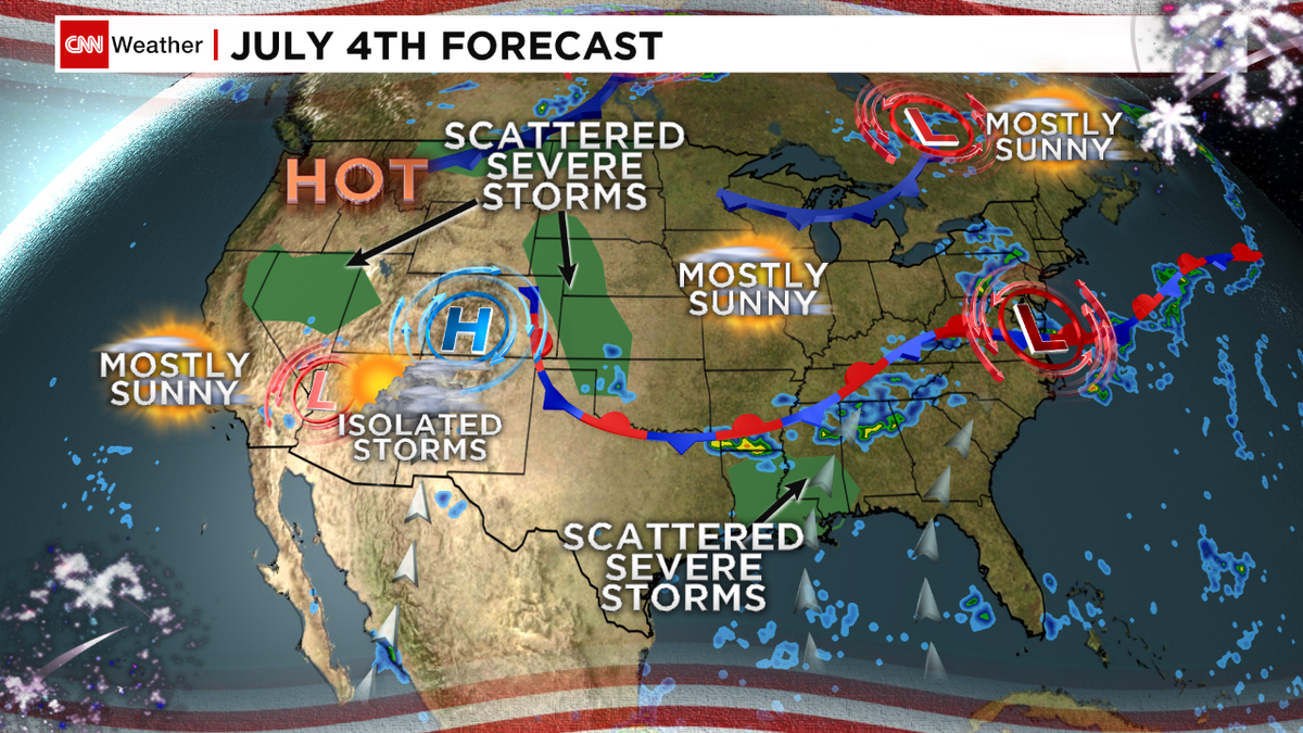 CNNweather's tweet photo. #July4th forecast: scattered rain South into Northeast, hot West, Midwest sun and mild temps. http://t.co/tHWSVW2p0j