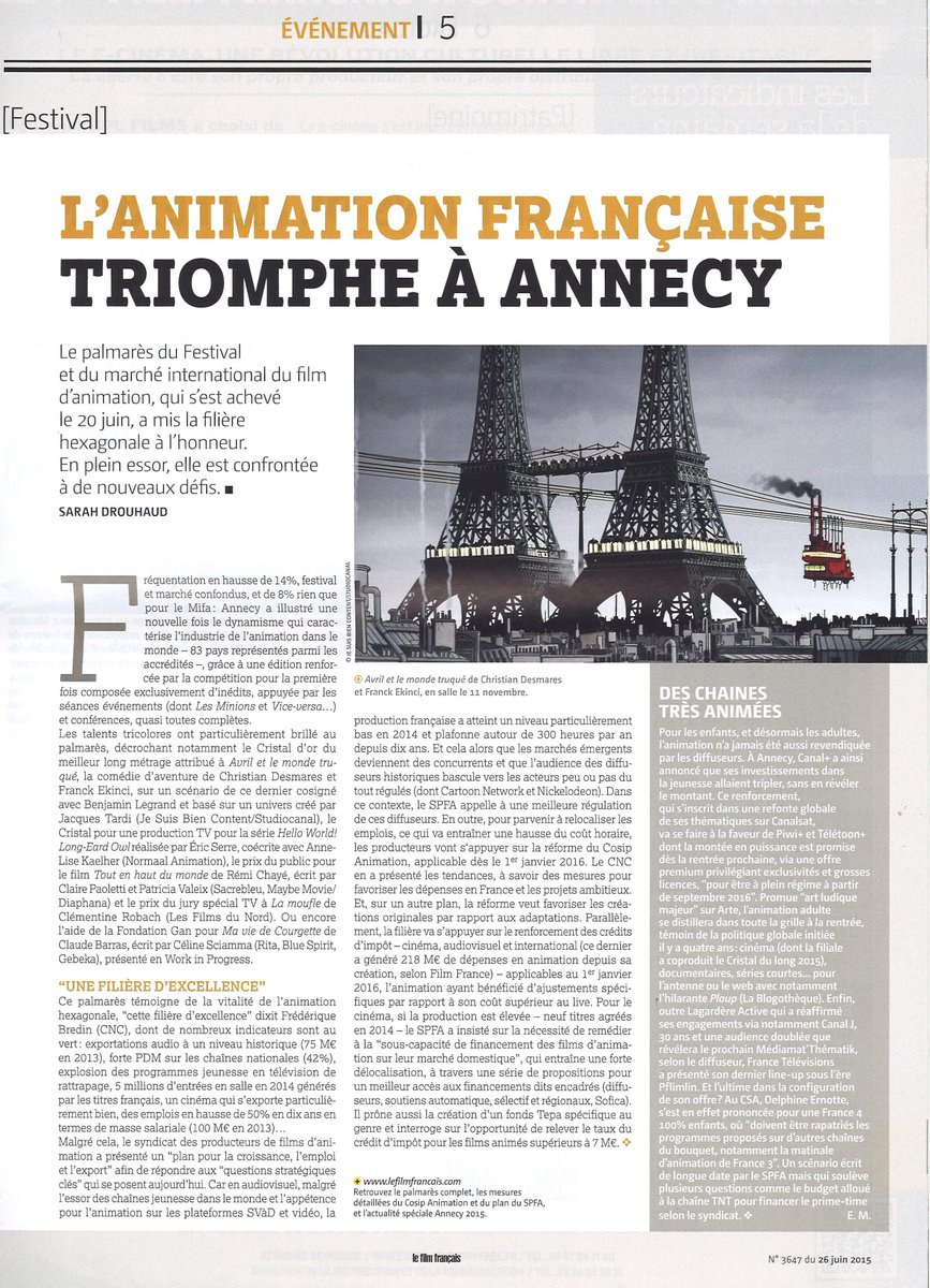 A lire ! A l'occasion d'#annecyfestival, l'article sur l'essor de l'animation française par <a href="/lefilmfrancais/">Le film français</a>