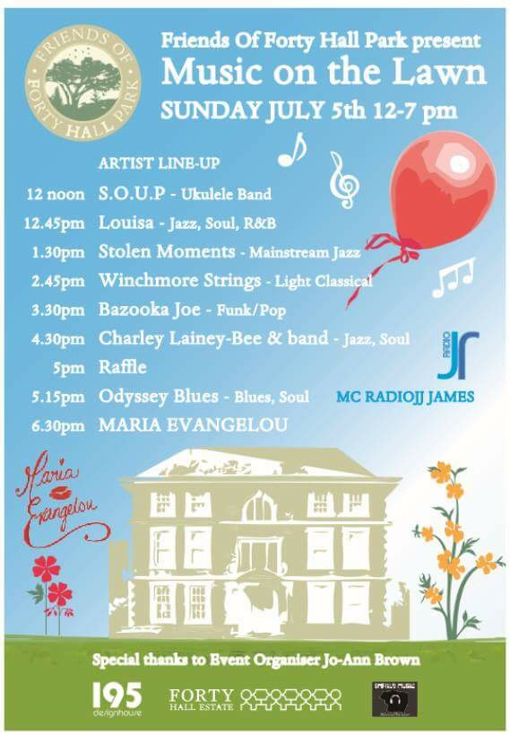 Program for Forty Hall Music On The Lawn gig on Sunday