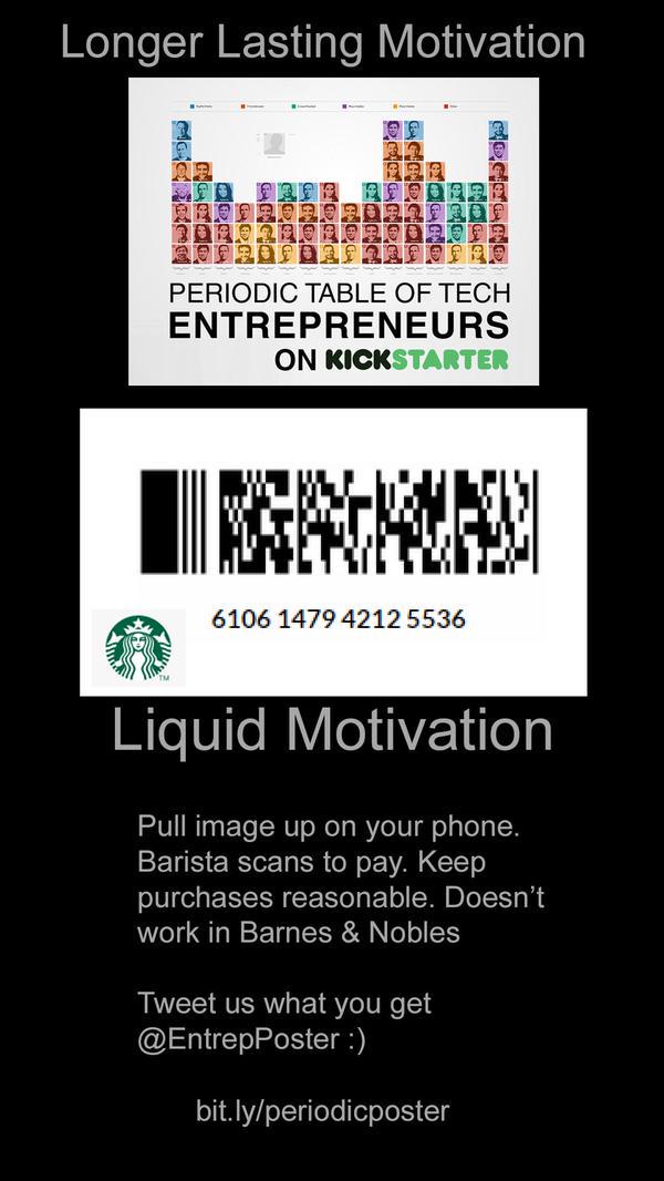 EntrepPoster's tweet photo. Happy Friday Aspiring Entrepreneurs! Enjoy a cup of Starbucks on us and check out our @kickstarter campaign! http://t.co/Aj6iH64y1W