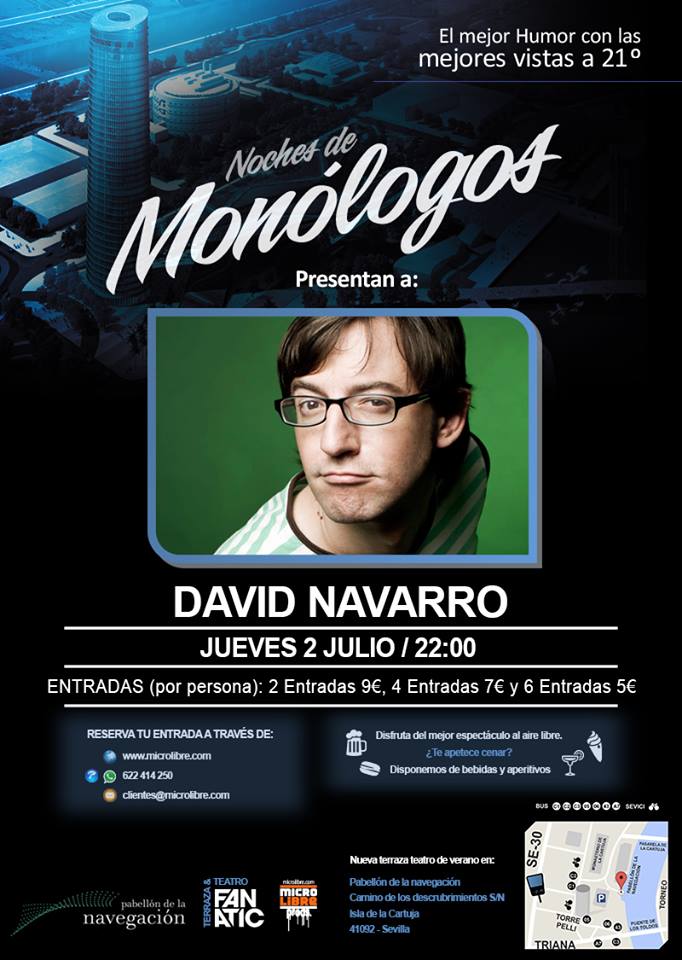 NochesMonologos's tweet photo. Monólogos de David Navarro y concierto música PopRock Español 80s en Terraza Fanatic #Sevilla @SalaFanatic http://t.co/0B4xrWVKCh