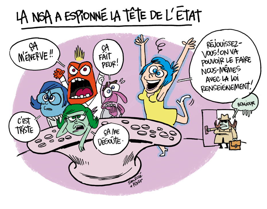 Telerama's tweet photo. La NSA dans la tête de l'État, dessin du jour par @tsoulcie http://t.co/nR28U0E2u8 http://t.co/1tA7r1lGip