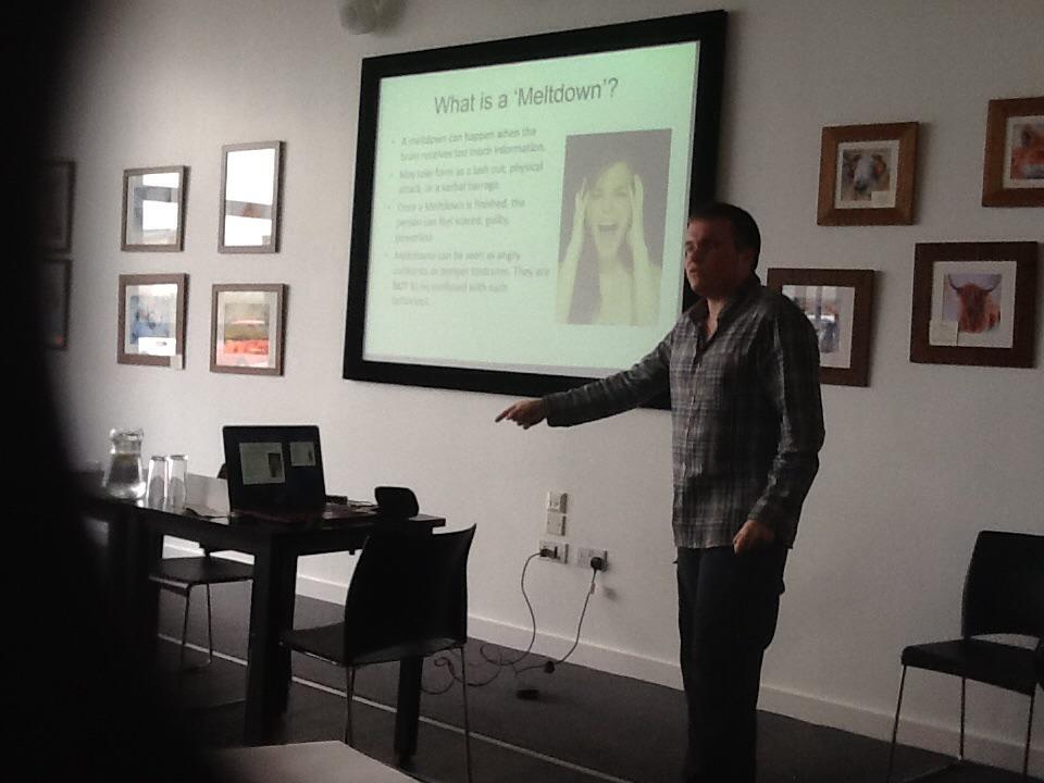 SueSmithDN's tweet photo. @anaspietalks @2soprano @MorseJoann Richard explaining meltdowns to band 6 staff so we can better understand autism http://t.co/yDXBsIiHJX