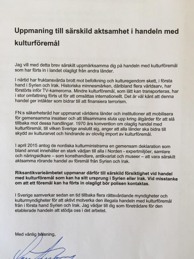 Skriver brev till hela Sveriges antik- och auktionshandel. Angeläget budskap. Tacksam för RT. #Unite4Heritage