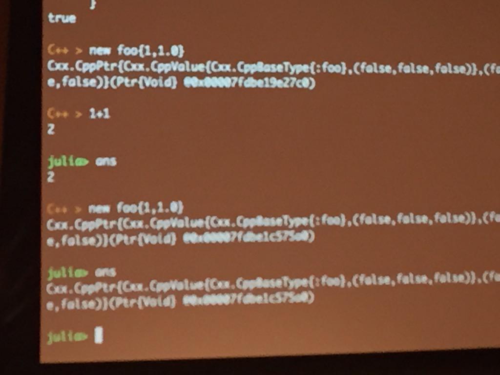 dontusethiscode's tweet photo. Live C++ REPL embedded into Julia by Keno Fischer. #juliacon2015 http://t.co/tQciGdaEsJ